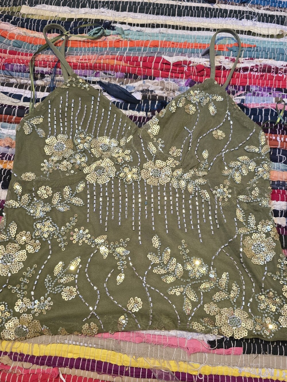 Y2k Top Rhinestones Beaded Tank Top Green Beaded Y2k Style Tank Medium Vintage